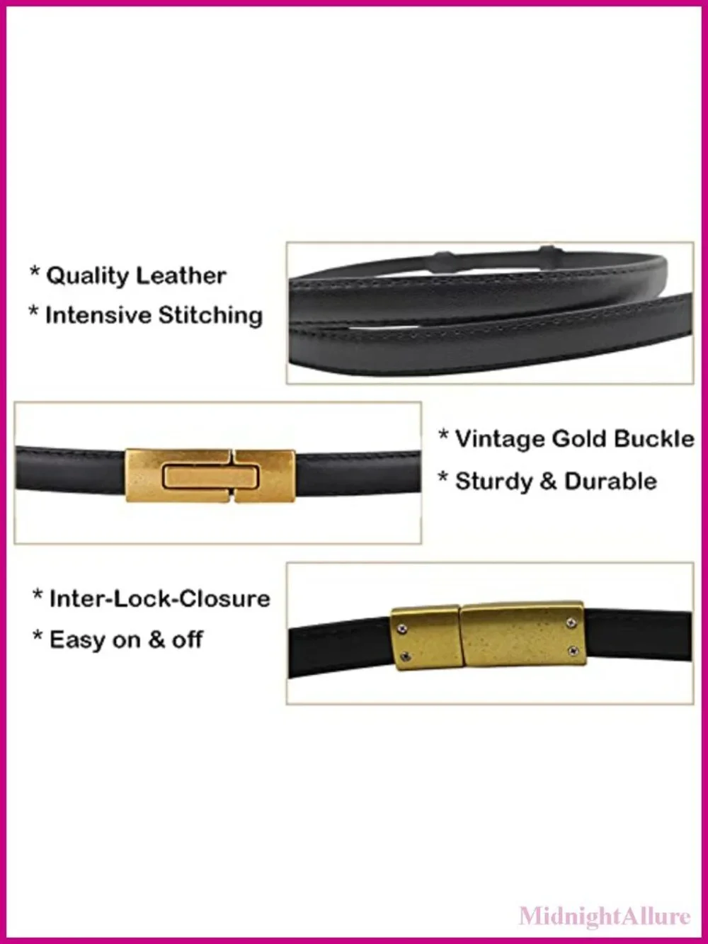 Women's Leather Skinny Belt Adjustable Thin Waist Dress Belt Vintage Gold Buckle